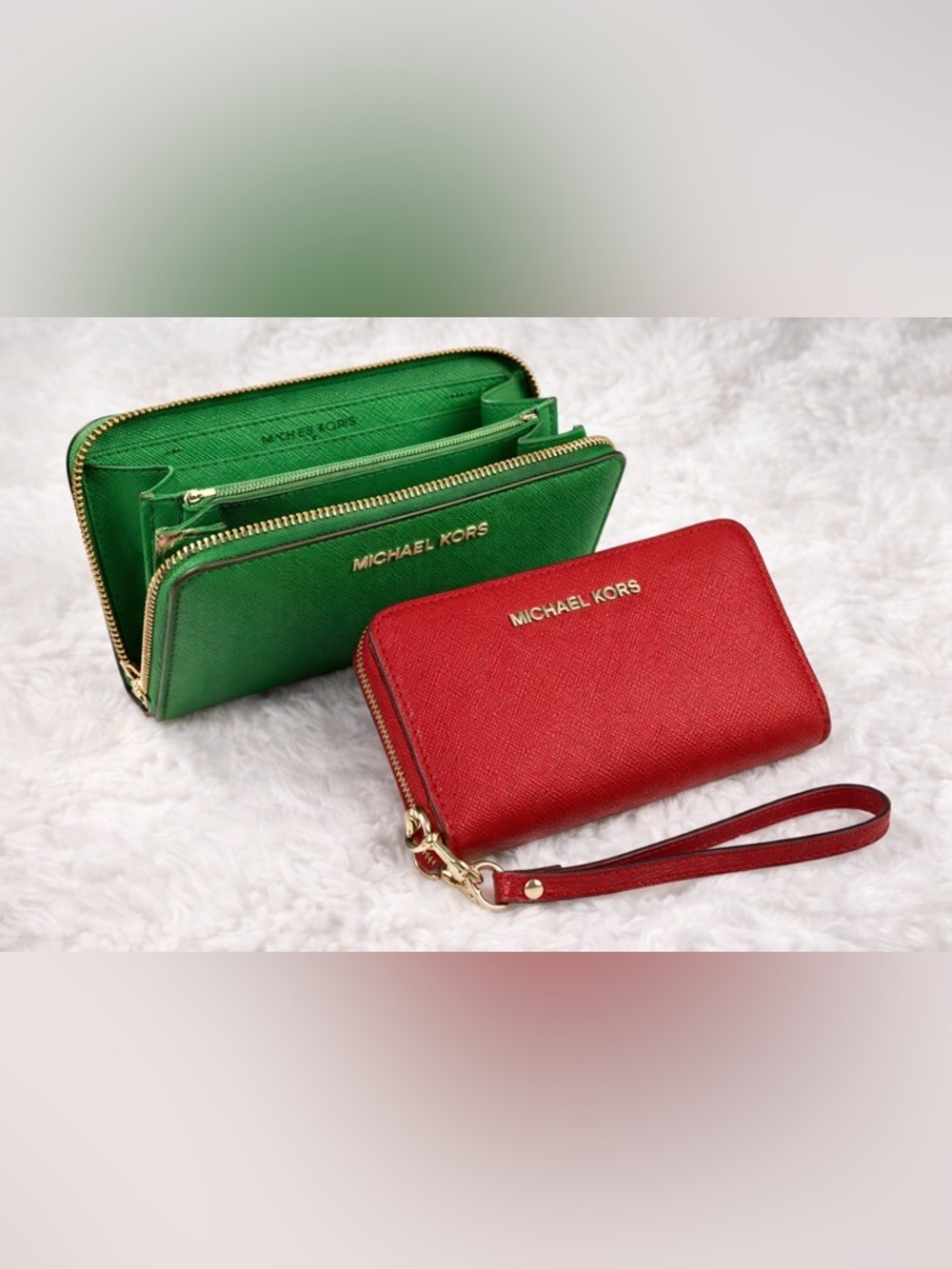 Michael Kors Wallet Bundle Green Zip Around & Red Wristlet Wallet